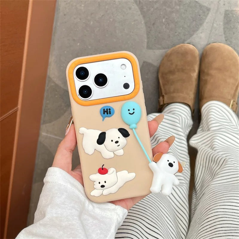 Cute Cartoon 3D Puppy Balloon Pendant Silicone Phone Case For iPhone 17 16 15 14 Plus 13 Pro Max Shockproof Protective Cover