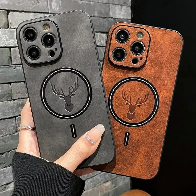 Magnetic For Wireless Charge Phone Case For iPhone 16 15 14 13 12 11 Pro Max Deer Head Leather Magnetic Soft Shockproof Cover