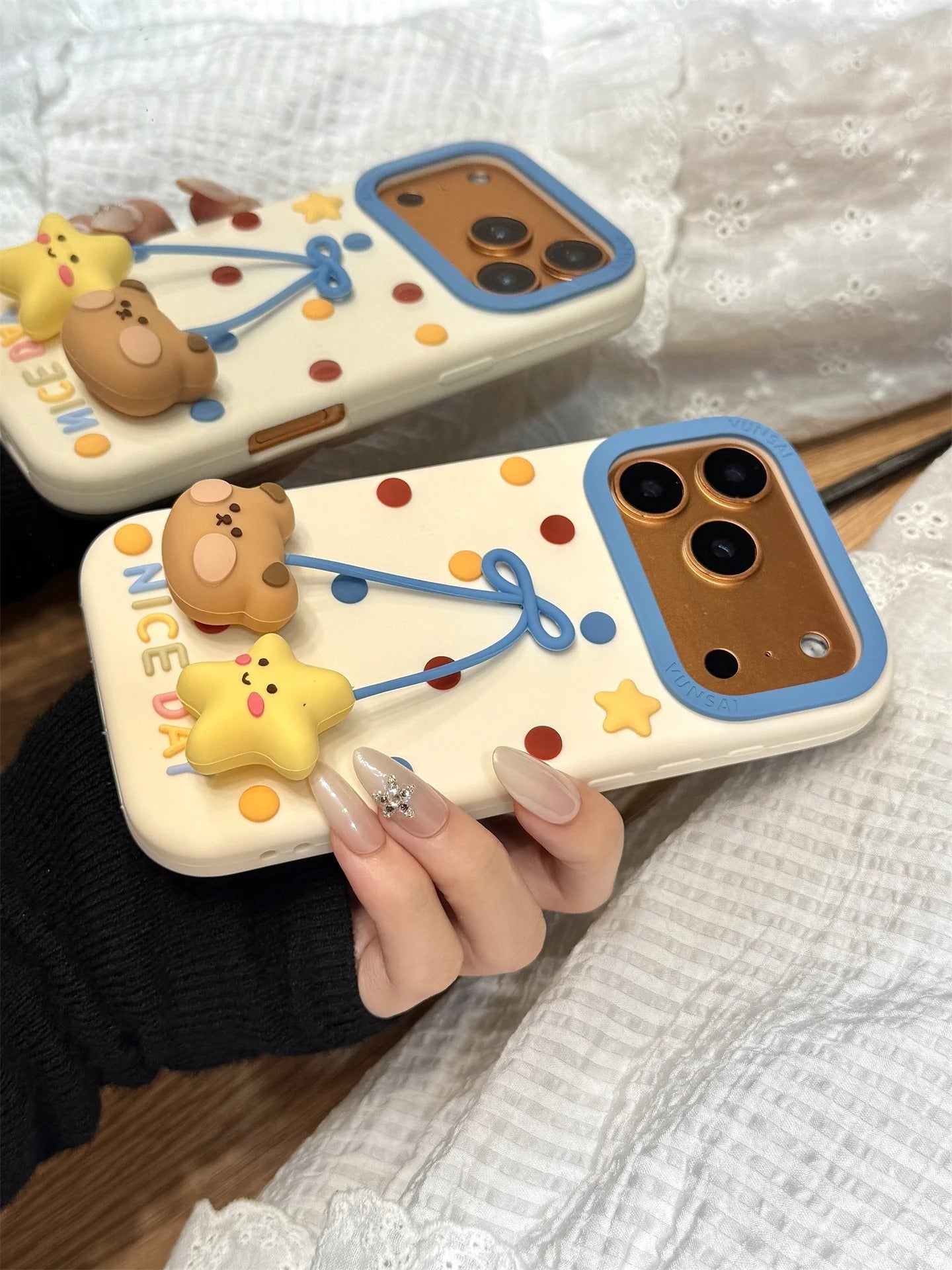 Kawaii 3D Cartoon Pendant Bear Star Man Cute Lovely Phone Case For iPhone 17 16 15 14 13 12 Pro Max Plus Y2K Soft Silicone Cover