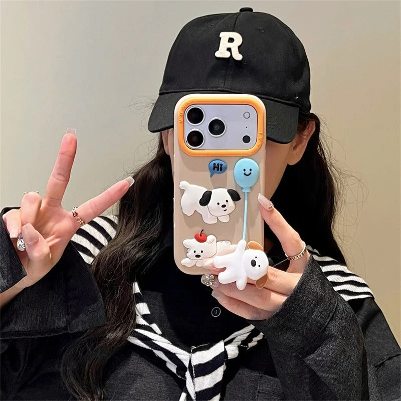 Cute Cartoon 3D Puppy Balloon Pendant Silicone Phone Case For iPhone 17 16 15 14 Plus 13 Pro Max Shockproof Protective Cover