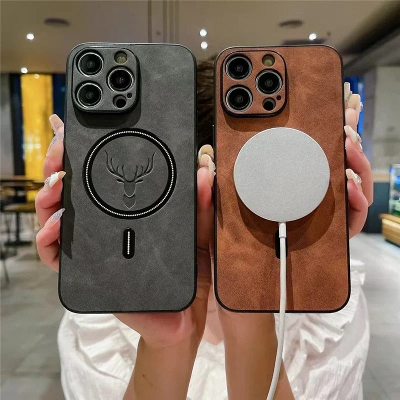 Magnetic For Wireless Charge Phone Case For iPhone 16 15 14 13 12 11 Pro Max Deer Head Leather Magnetic Soft Shockproof Cover