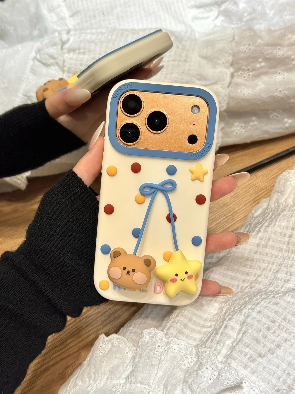 Kawaii 3D Cartoon Pendant Bear Star Man Cute Lovely Phone Case For iPhone 17 16 15 14 13 12 Pro Max Plus Y2K Soft Silicone Cover