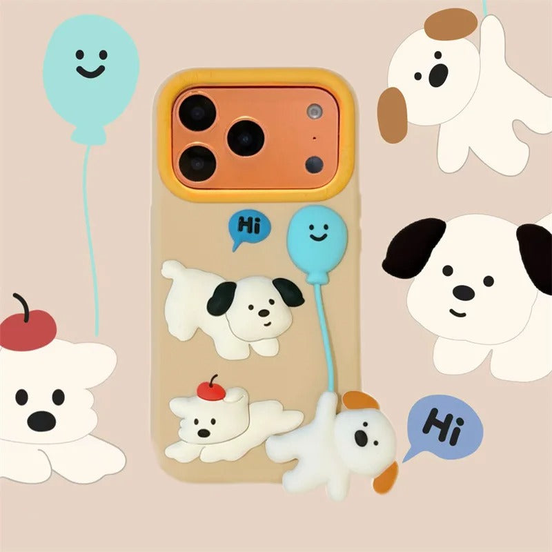 Cute Cartoon 3D Puppy Balloon Pendant Silicone Phone Case For iPhone 17 16 15 14 Plus 13 Pro Max Shockproof Protective Cover