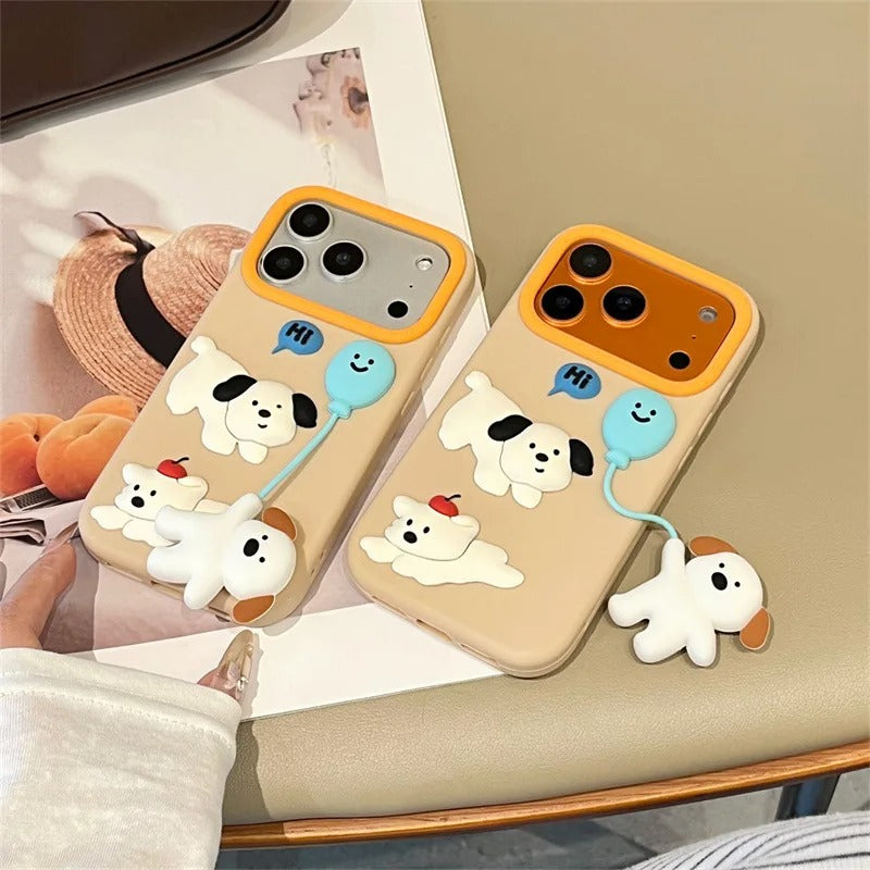 Cute Cartoon 3D Puppy Balloon Pendant Silicone Phone Case For iPhone 17 16 15 14 Plus 13 Pro Max Shockproof Protective Cover