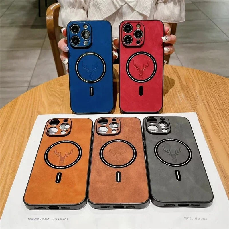 Magnetic For Wireless Charge Phone Case For iPhone 16 15 14 13 12 11 Pro Max Deer Head Leather Magnetic Soft Shockproof Cover