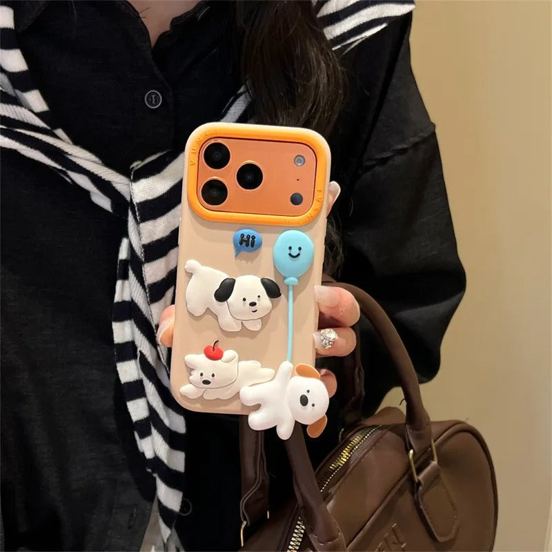 Cute Cartoon 3D Puppy Balloon Pendant Silicone Phone Case For iPhone 17 16 15 14 Plus 13 Pro Max Shockproof Protective Cover