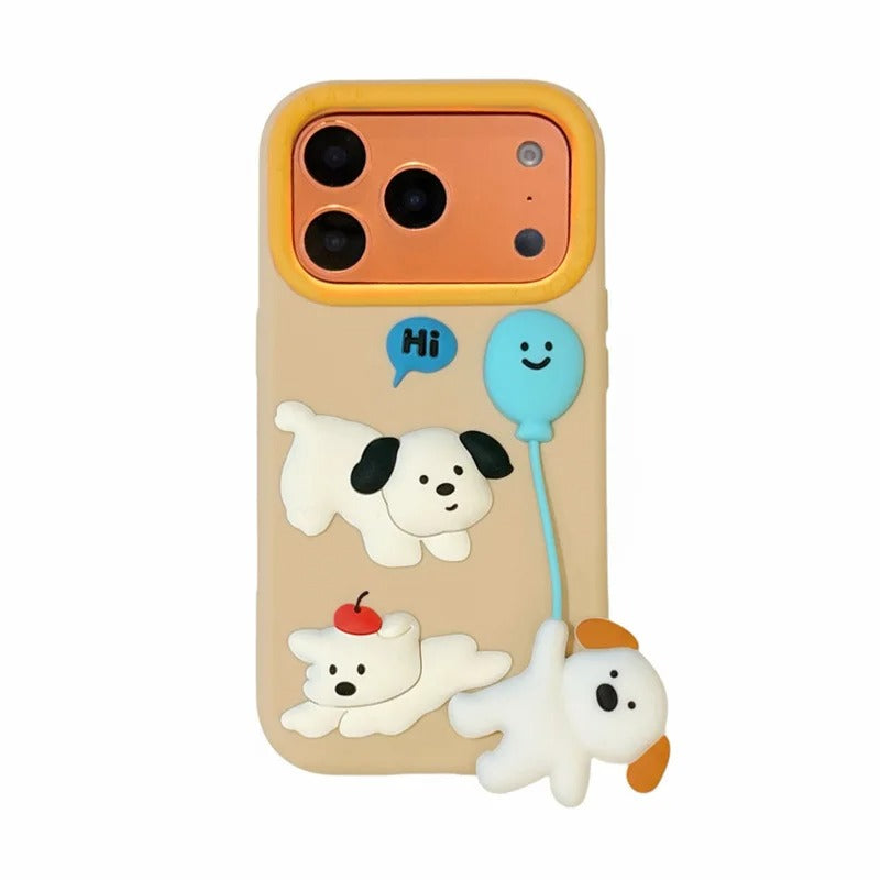 Cute Cartoon 3D Puppy Balloon Pendant Silicone Phone Case For iPhone 17 16 15 14 Plus 13 Pro Max Shockproof Protective Cover